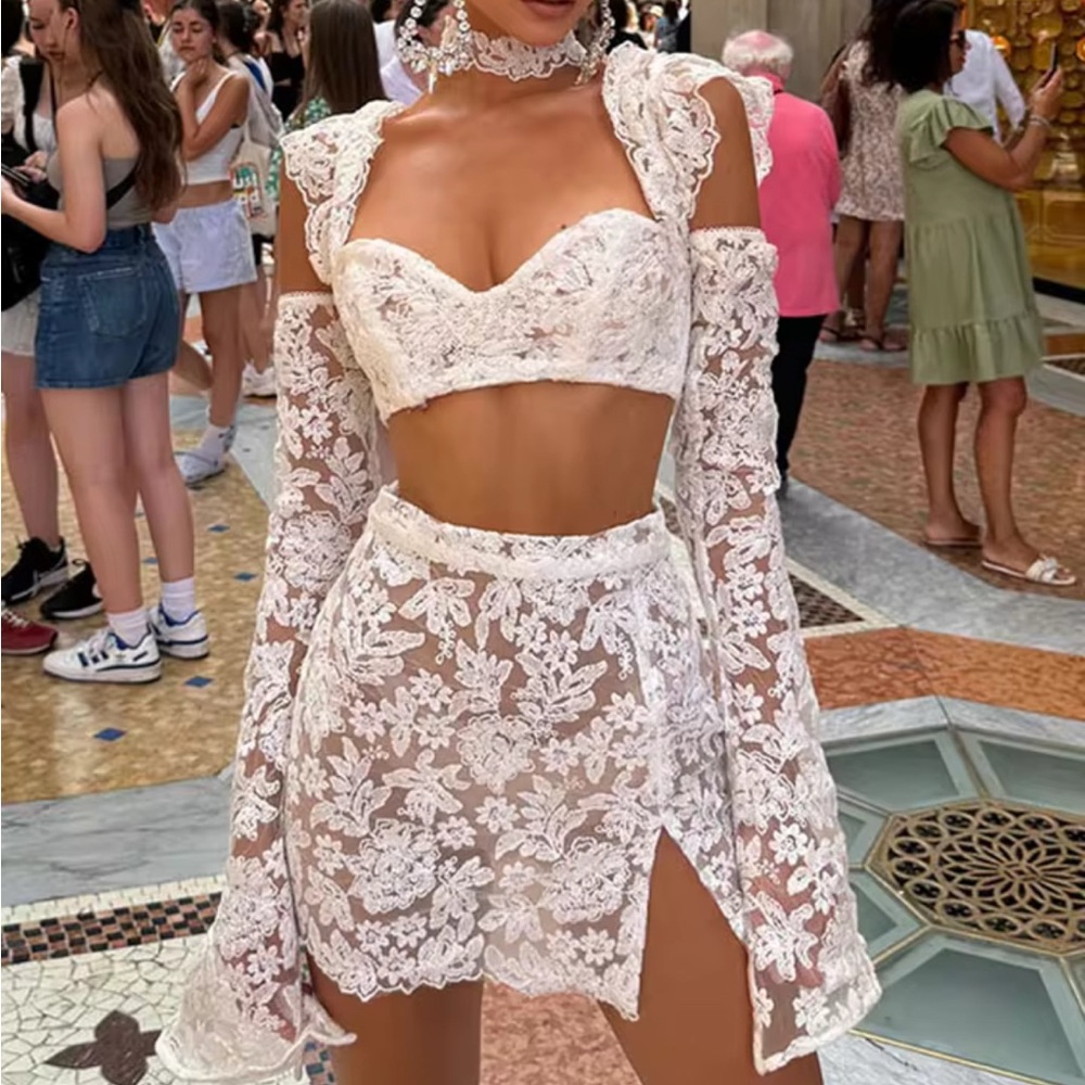 Sexy Lace Hollow Out Skirt Set - Size Medium